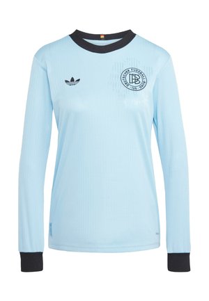Jersey a maniche lunghe azzurro chiaro con colletto nero, caratterizzato da un logo stampato, tessuto testurizzato e polsini a costine.