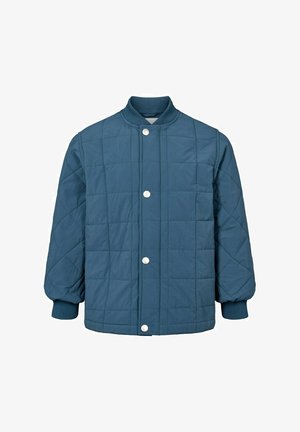 Blaue gesteppte Jacke mit Druckknöpfen, geripptem Kragen und Bündchen, mit einem Karosteppmuster und langen Ärmeln.