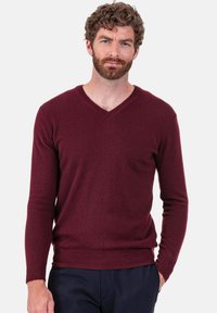Burgundy v-neck sweater with long sleeves; soft texture; ribbed hem and cuffs; worn with dark trousers.