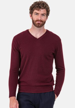Bordeauxfarbenes V-Ausschnitt-Pullover mit langen Ärmeln; weiche Textur; gerippter Saum und Bündchen; getragen mit dunkler Hose.