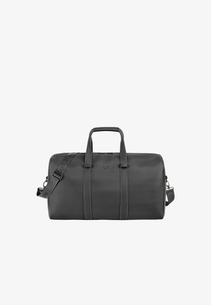 Čierna kožená taška typu duffel s dvoma rúčkami a nastaviteľným ramenným popruhom, s nápisom "Cerruti 1881" na prednej strane.