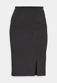Jupe crayon noire taille haute avec une fente à l'avant et des détails de coutures apparentes, dotée d'une fermeture éclair latérale.