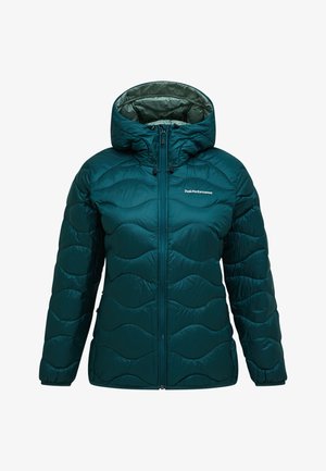 Mørkegrønblå quiltet hættejakke med lynlås foran, elastiske ærmekanter og Peak Performance-logo på venstre bryst.