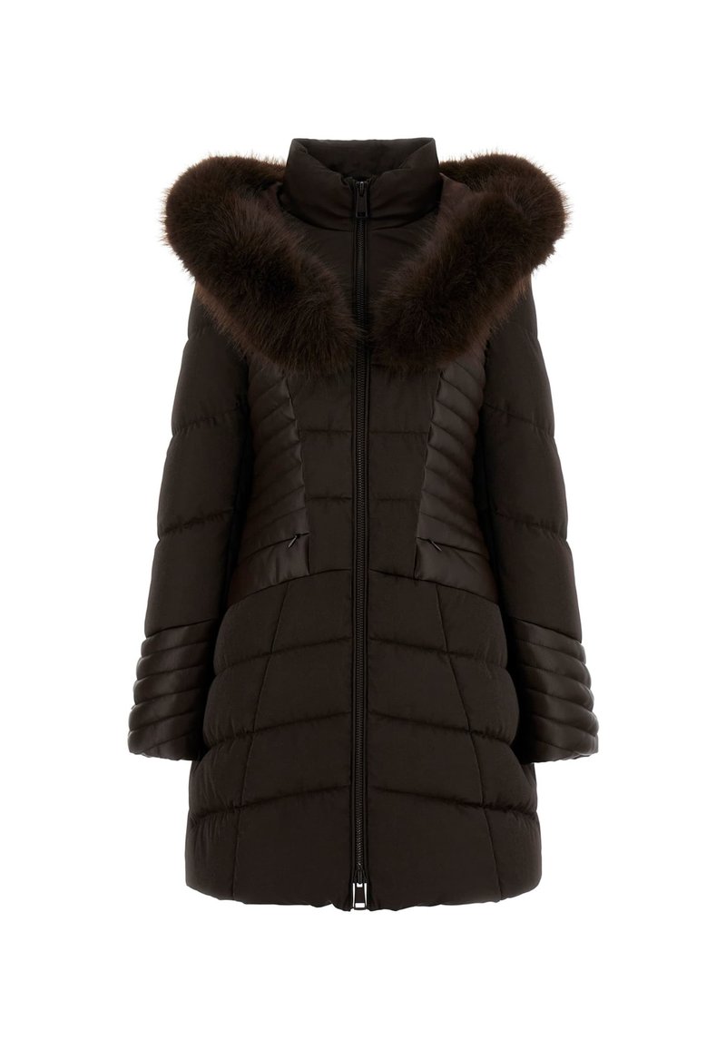 Chaqueta acolchada marrón con capucha forrada de piel, que presenta un cierre de cremallera, acolchado horizontal y bolsillos laterales, diseñada para la calidez y la comodidad.