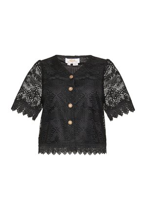 Zwarte kanten blouse met korte mouwen, gekenmerkt door een golvende zoom, zes decoratieve knopen en een ingewikkelde patroonstof.
