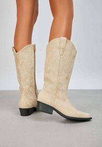 Jambes bronzées portant des bottes de cowboy en suède beige mi-mollet avec des motifs brodés, des zips sur le côté et de petits talons noirs sur un sol gris.