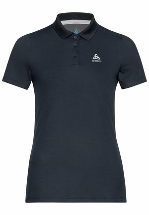 Navy blue polo shirt with short sleeves, a three-button placket, and a textured fabric. Features a light logo on the left chest.
