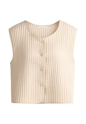 Ujjatlan bézs színű steppelt mellény, függőleges varrással és elöl kapcsos patentzárral, egyszínű háttéren.