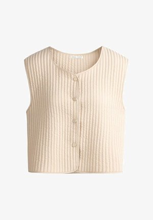 Vestă bej fără mâneci, matlasată cu cusături verticale și închidere frontală cu capse, pe fundal simplu.