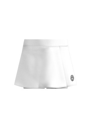 Falda blanca acampanada con una textura suave, cinturilla elástica y un acento de logo en la parte inferior derecha. Diseño simple y funcional.