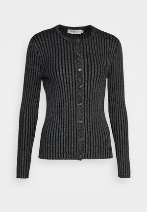 Cardigan noir et argenté métallique à côtes, ajusté à manches longues, avec encolure ronde et fermeture à boutons sur le devant.