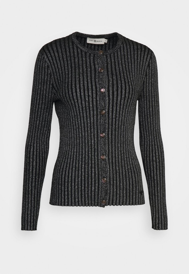 Cardigan noir et argenté métallique à côtes, ajusté à manches longues, avec encolure ronde et fermeture à boutons sur le devant.