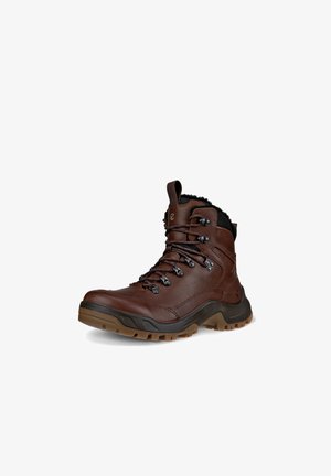 Brown leather hiking boot with black laces, padded collar, and textured rubber sole. Features metallic eyelets and reinforced toe cap.