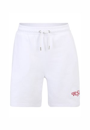Vita bomullsshorts med elastisk midja och dragsko. Har en röd broderad "R.S.V."-logotyp på vänster ben. Slät textur.