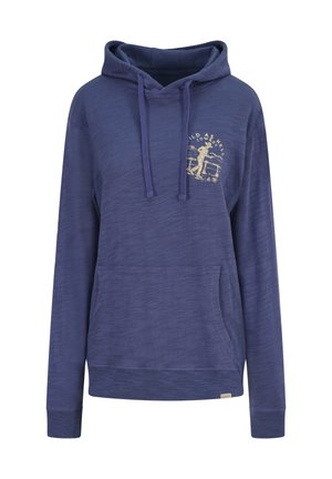 Marineblauer Hoodie mit Kängurutasche vorne, verstellbarer Kapuze mit Kordelzug und beiger "Wild as Hell Cowboy" Grafik auf der Brust.