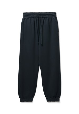Pantaloni sportivi neri realizzati in tessuto morbido, dotati di vita elasticizzata con cordino, tasche laterali e polsini a costine alle caviglie.