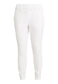 Bílé slim fit kalhoty s elastickým pasem, předním švem a vykrojenými kotníky, vystavené na bílém pozadí.
