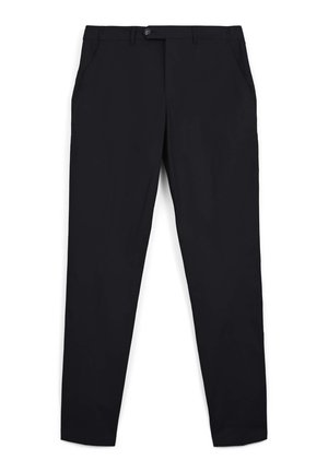 Pantaloni neri con tessuto liscio, vestibilità su misura, chiusura con bottone e tasche laterali. Design a gamba dritta senza motivi o dettagli visibili.