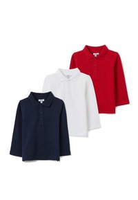 Set aus drei langärmligen Poloshirts in Marineblau, Weiß und Rot. Hergestellt aus weicher Baumwolle, mit Kragen und Knopfleiste.