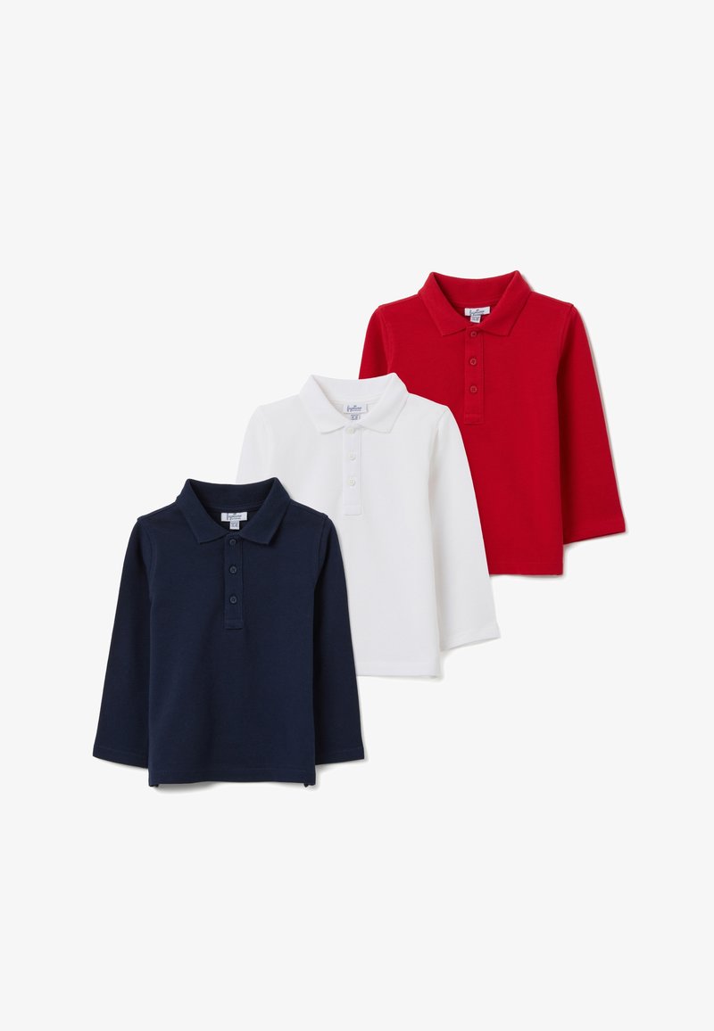 Set aus drei langärmligen Poloshirts in Marineblau, Weiß und Rot. Hergestellt aus weicher Baumwolle, mit Kragen und Knopfleiste.