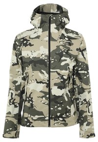 Veste à motif camouflage aux teintes beige, vert et noir. Dotée d'une capuche, d'une fermeture éclair frontale et d'un logo sur la poitrine. Matière imperméable.