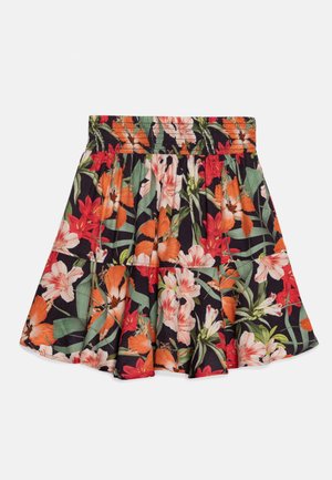 Jupe évasée avec taille élastique présentant un motif floral coloré de fleurs rouges, orange et blanches sur fond noir.