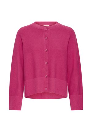 Roza pletena kardigan s okruglim izrezom, dugim rukavima i prednjim kopčanjem na dugmad. Riblani uzorak na rukavima i rubu. Skraćeni dizajn.