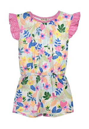 Blumiger Jumpsuit mit kurzen, rüschengeschnittenen, rosa Ärmeln, der ein Muster aus verschiedenen Blumen, Blättern und einem Erdbeerdetail an der Seite aufweist.