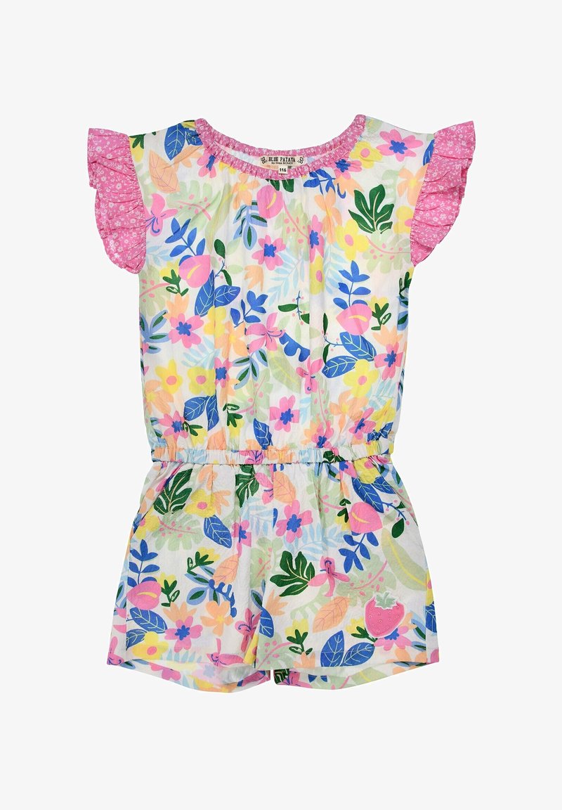 Kwiatowy kombinezon z krótkimi falbaniastymi różowymi rękawami, z wzorem różnych kwiatów, liści oraz z detalem truskawki z boku.