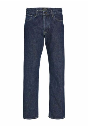 Tmavomodré džínsy s rovnom strihom, päť vreckami a zapínaním na gombíky. Obsahujú jemné švy a klasický vzhľad.