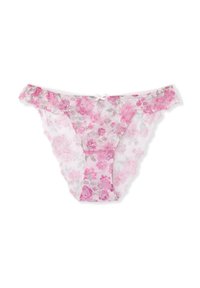 Spitzen-String mit floralem Muster in Pink- und Grautönen, mit gezacktem Rand und einer kleinen weißen Schleife in der vorderen Mitte.