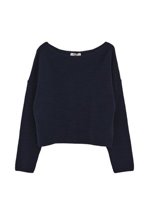 Maglione corto blu navy con scollatura ampia, maniche lunghe e motivo in maglia testurizzata. L'etichetta appare sulla scollatura.
