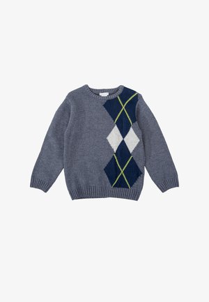 Pullover en tricot gris avec un col rond, présentant un motif argyle bleu marine et blanc accentué de vert citron. Manches et ourlet côtelés.