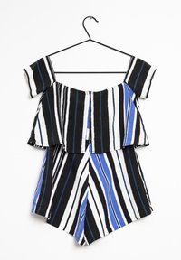 Off-the-shoulder striped romper featuring black, white, and blue vertical stripes. Made of lightweight fabric with a zipper closure at the back.