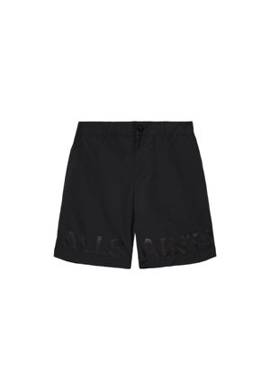 Zwarte zwembroek van lichtgewicht stof, met een knoopsluiting en een groot "ALLSAINTS" logo in een semi-transparant ontwerp op de zoom.