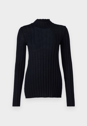 Pulover navy cu guler înalt și mâneci lungi, având o siluetă ajustată și detalii din țesătură texturată.