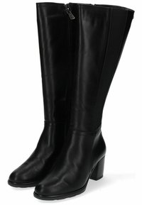 Botas de cuero negro hasta la rodilla con cierre de cremallera, que cuentan con un acabado suave, tacón rectangular y paneles laterales elásticos para mayor flexibilidad.