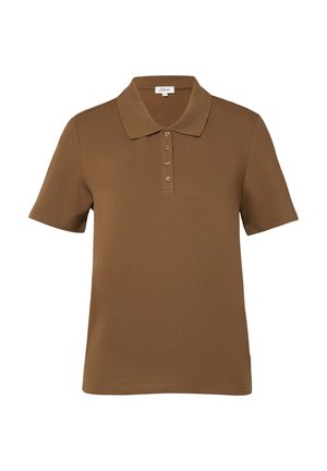 Brązowa koszulka polo z krótkim rękawem, kołnierzykiem i czterema guzikami na listwie, gładki wzór, metka s.Oliver wewnątrz kołnierzyka.
