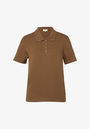 Polo marrone a maniche corte con colletto e quattro bottoni sulla patta, design semplice, etichetta s.Oliver all'interno del colletto.