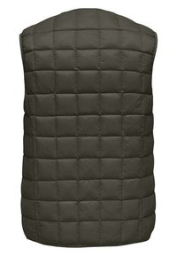 Gilet rembourré de couleur vert foncé, doté d'un design matelassé avec un motif à carreaux. Le matériau semble doux et lisse sans qu'aucune quincaillerie ne soit visible.