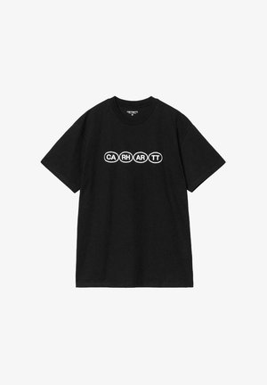Camiseta de algodón negra con un logo ovalado blanco que presenta las letras "CA RH AR TT" en el pecho. Diseño de mangas cortas y cuello redondo.