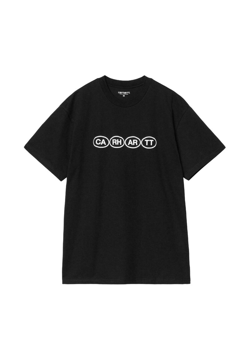 Camiseta de algodón negra con un logo ovalado blanco que presenta las letras "CA RH AR TT" en el pecho. Diseño de mangas cortas y cuello redondo.