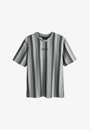 T-shirt a maniche corte con strisce verticali nere, bianche e grigie e la scritta "VENEZIA" stampata al centro sul davanti.