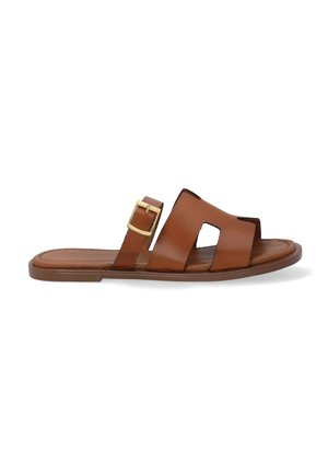 Brown leather slide sandal featuring two wide straps, an open toe, a gold buckle accent, and a flat rubber sole. Smooth texture throughout.