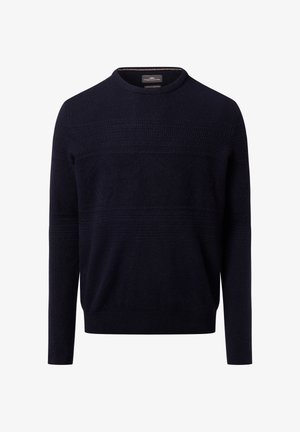 Navy blue knit sweater featuring a crew neck, textured patterns across the chest and sleeves, and ribbed cuffs and hem.