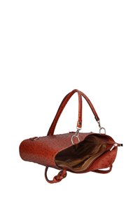 Borsa a mano rossa in pelle con un motivo testurizzato, due manici e interno con zip. Presenta una fodera beige e una piccola tasca interna.
