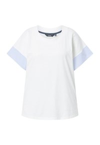 Valkoinen lyhythihainen t-paita, jossa sinivalkoiset raidat hihoissa. Valmistettu pehmeästä kankaasta, pyöreä pääntie.