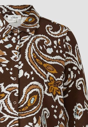 Braun kariertes Hemd mit großen weißen, beigen und hellblauen Paisley- und Blumenmustern, mit einem spitzen Kragen und dem s.Oliver-Label.