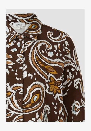 Brown button-up shirt with large white, tan, and light blue paisley and floral patterns, featuring a pointed collar and s.Oliver brand label.