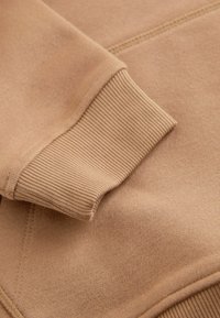 Lysebrun sweatshirt med ribbede manchetter og en blød tekstur, med syningsdetaljer, der fremhæver ærmet og kroppen.